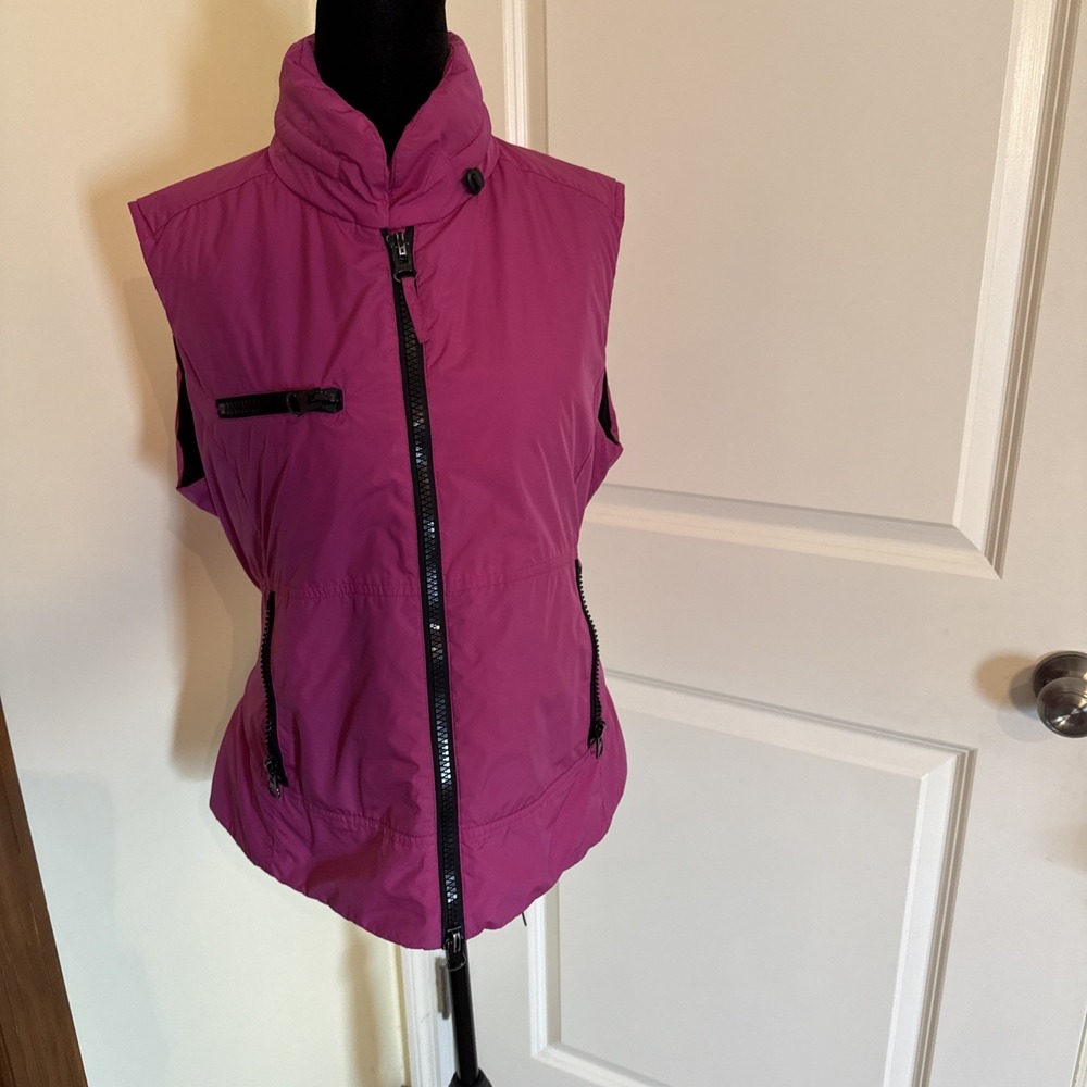 Armani Jeans Womens sz 12 Puffer Vest Pink Full Zip Front W Tuckable Hood